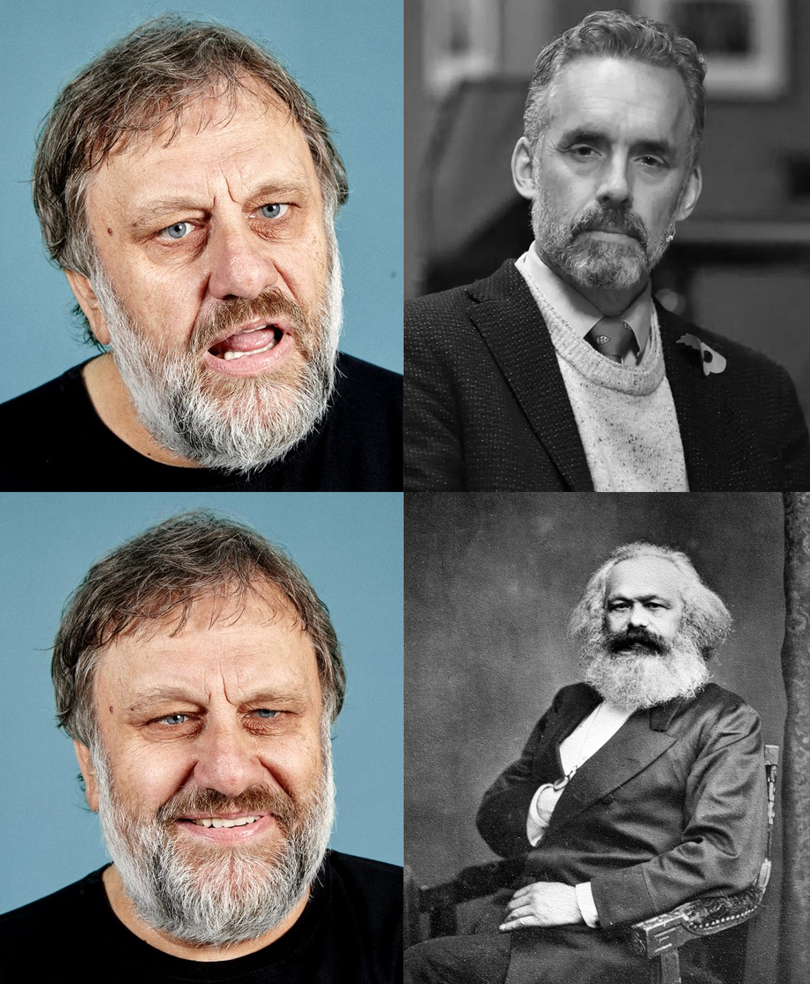 This meme is a humorous comparison between the facial expressions of Jordan Peterson, a Canadian philosopher and professor, and Karl Marx, a 19th-century philosopher and economist. The image juxtaposes a photo of Peterson with a scowl, next to a photo of Marx with a similar scowl. The text that appears in the image is likely "I'm not arguing, I'm explaining why I'm right".